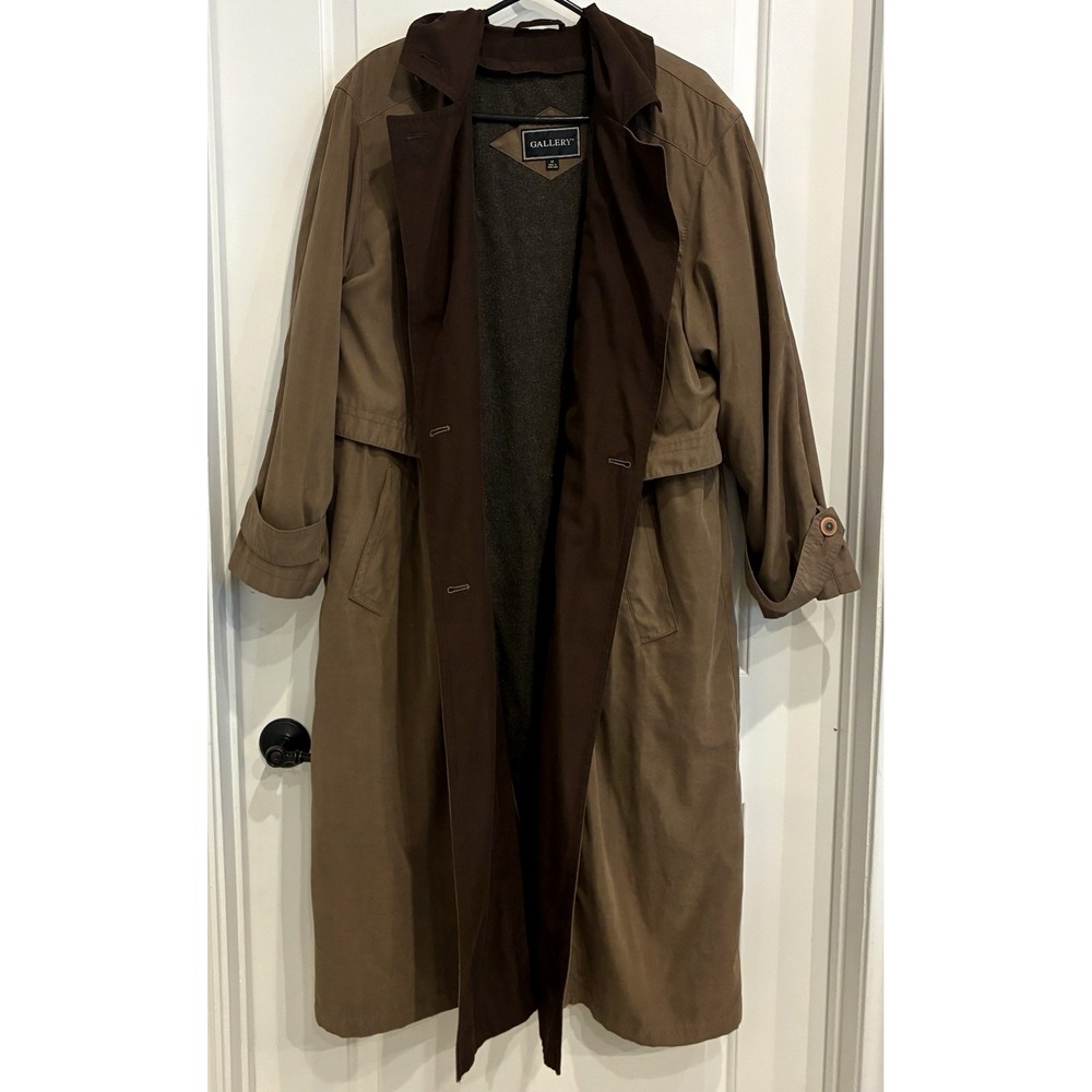 Gallery Vintage Trench Coat Size 14 Brown Hooded Removable Fleece Liner Maxi